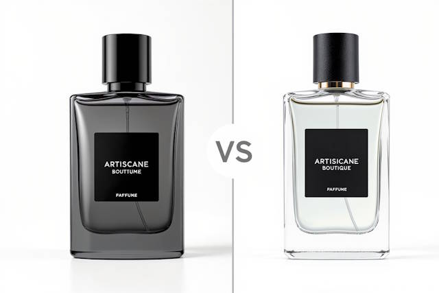 השוואה צד לצד בין בקבוקי בושם מסחריים לבקבוקי בושם בוטיק אומנותיים